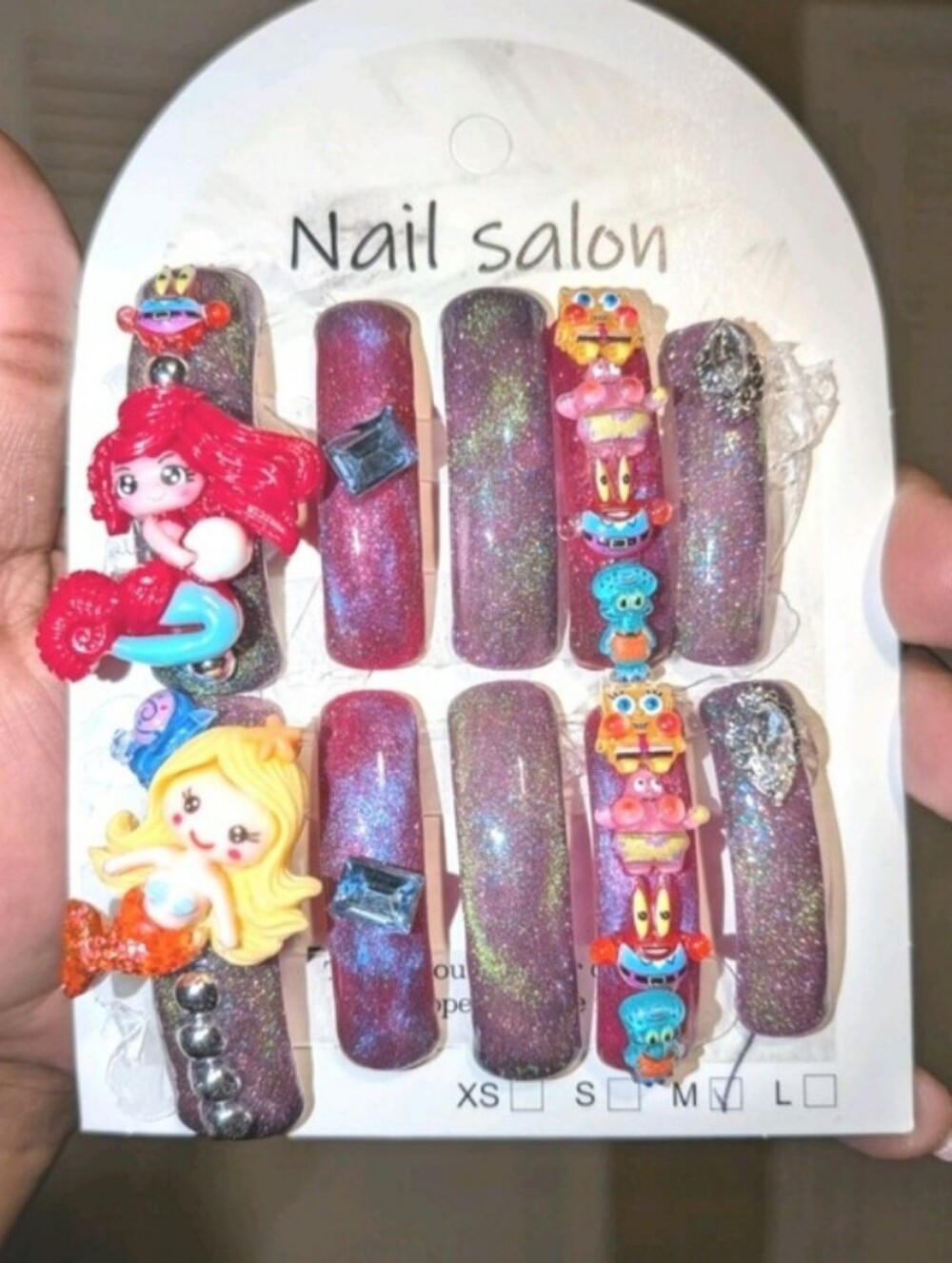 Hand Crafted Curved 2xl Glittery Purple Mermaid Charm Press-On Nails Size M